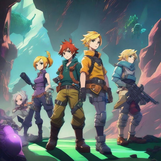 A high-quality digital art image showing anime-style characters, similar to Meliodas and his friends, playing the video game Deep Rock Galactic