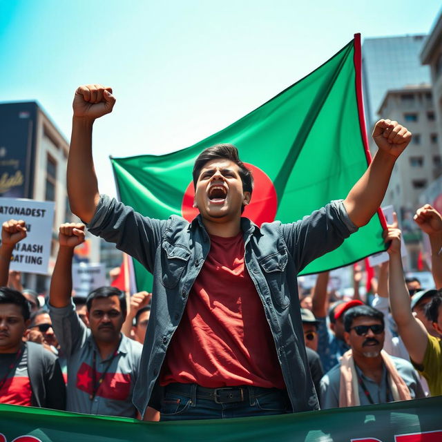 A young man standing confidently at the center of a passionate protest, embodying strength and resilience, with the flag of Bangladesh prominently displayed behind him