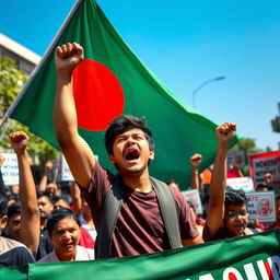 A young man standing confidently at the center of a passionate protest, embodying strength and resilience, with the flag of Bangladesh prominently displayed behind him