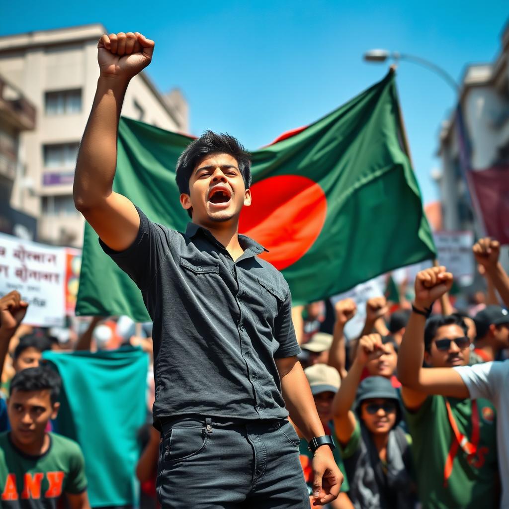 A young man standing confidently at the center of a passionate protest, embodying strength and resilience, with the flag of Bangladesh prominently displayed behind him