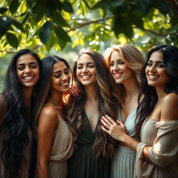 A beautiful artistic representation of a group of women embodying natural beauty in a serene environment, with soft natural light filtering through leaves