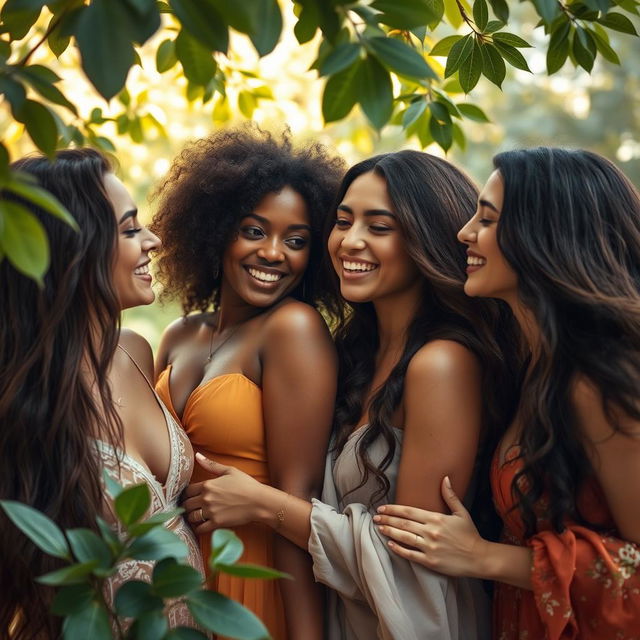 A beautiful artistic representation of a group of women embodying natural beauty in a serene environment, with soft natural light filtering through leaves