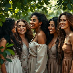A beautiful artistic representation of a group of women embodying natural beauty in a serene environment, with soft natural light filtering through leaves