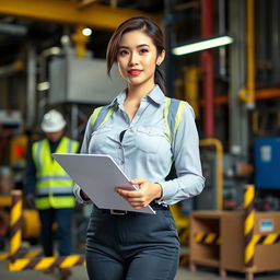 A beautiful European-Korean woman with an attractive curvy figure and prominent breasts, dressed in professional attire suitable for an inspector
