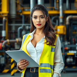 A beautiful European-Korean woman with an attractive curvy figure and prominent breasts, dressed in professional attire suitable for an inspector