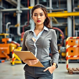 A beautiful European-Korean woman with an attractive curvy figure and prominent breasts, dressed in professional attire suitable for an inspector