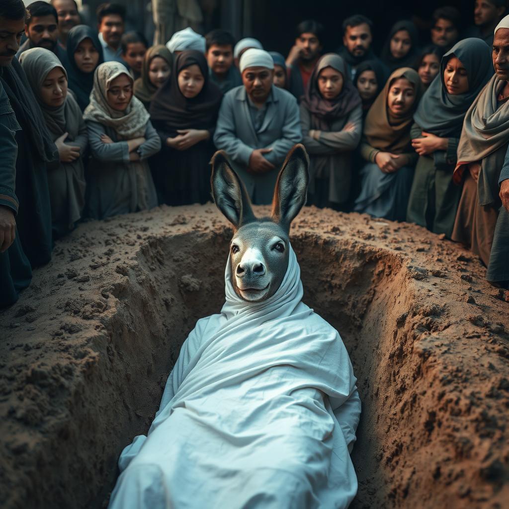 A scene depicting a traditional grave setting where a Muslim woman is lying in a white shroud, surrounded by an audience observing the solemn moment