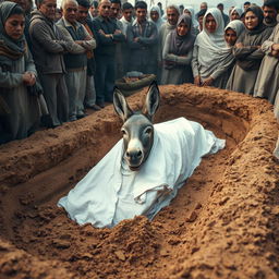 A scene depicting a traditional grave setting where a Muslim woman is lying in a white shroud, surrounded by an audience observing the solemn moment