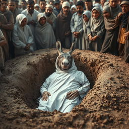 A scene depicting a traditional grave setting where a Muslim woman is lying in a white shroud, surrounded by an audience observing the solemn moment