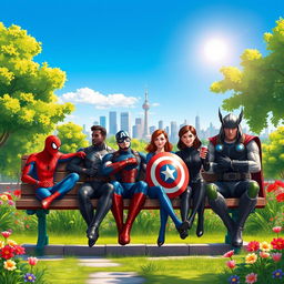 A group of Marvel characters sitting together on a wooden park bench in a vibrant city park, surrounded by lush green trees and colorful flowers