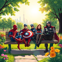 A group of Marvel characters sitting together on a wooden park bench in a vibrant city park, surrounded by lush green trees and colorful flowers