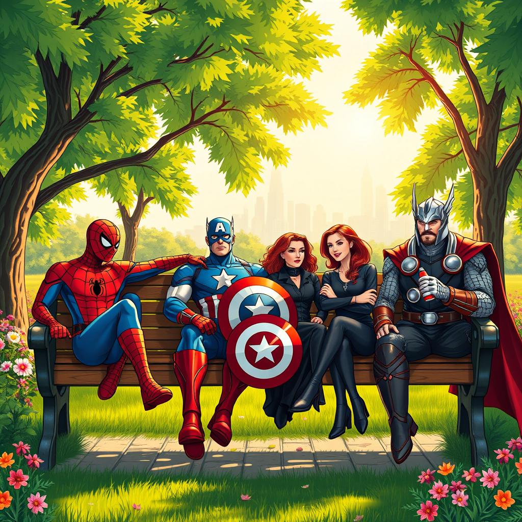 A group of Marvel characters sitting together on a wooden park bench in a vibrant city park, surrounded by lush green trees and colorful flowers