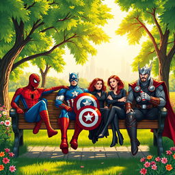 A group of Marvel characters sitting together on a wooden park bench in a vibrant city park, surrounded by lush green trees and colorful flowers