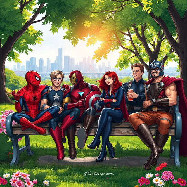 A group of Marvel characters sitting together on a wooden park bench in a vibrant city park, surrounded by lush green trees and colorful flowers