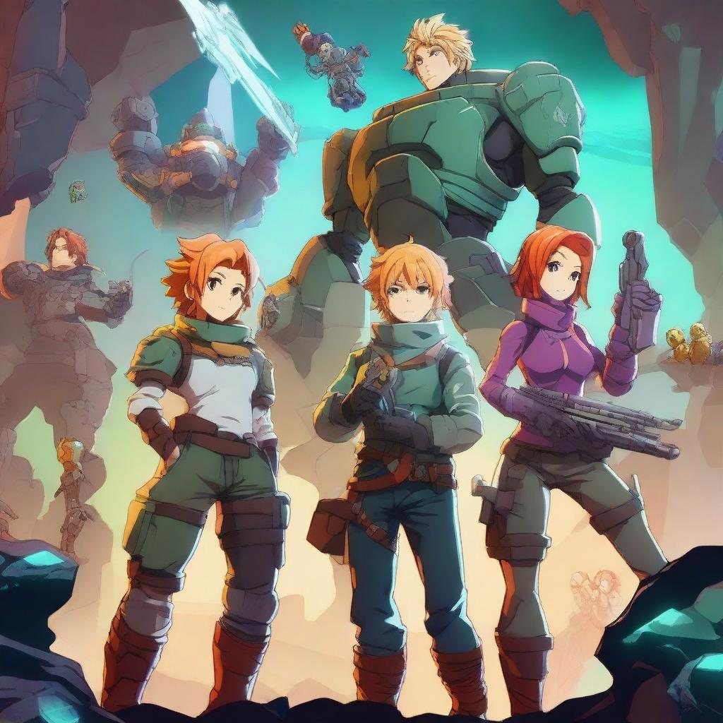 A high-quality digital art image depicting anime-style characters akin to Meliodas and his companions engrossed in playing the game Deep Rock Galactic