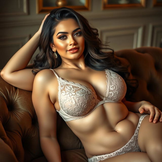 A beautiful, curvaceous woman with an alluring pose, showcasing sensuality, wearing a delicate lace bra with intricate details, soft lighting highlighting her figure, a slight smile playing on her lips, while lying back gracefully on a plush velvet couch, surrounded by an opulent interior with warm tones and rich textures