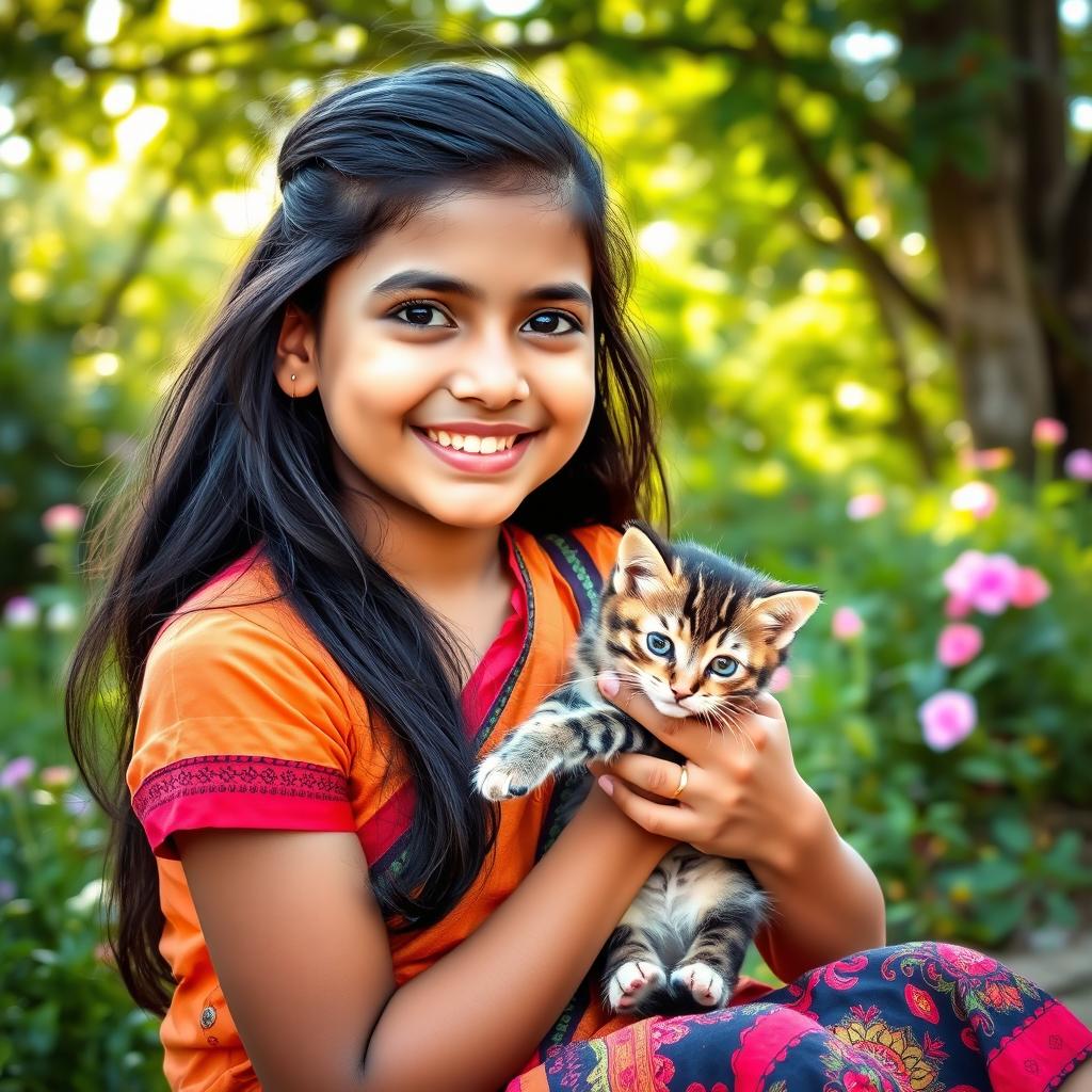 An 18-year-old Bangladeshi girl with a warm and bright smile, sitting outdoors in a natural and serene environment, holding a playful kitten in her arms