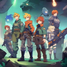 A high-quality digital art image depicting anime-style characters akin to Meliodas and his companions engrossed in playing the game Deep Rock Galactic