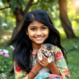 An 18-year-old Bangladeshi girl with a warm and bright smile, sitting outdoors in a natural and serene environment, holding a playful kitten in her arms