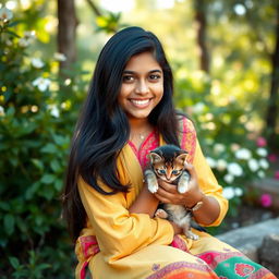 An 18-year-old Bangladeshi girl with a warm and bright smile, sitting outdoors in a natural and serene environment, holding a playful kitten in her arms