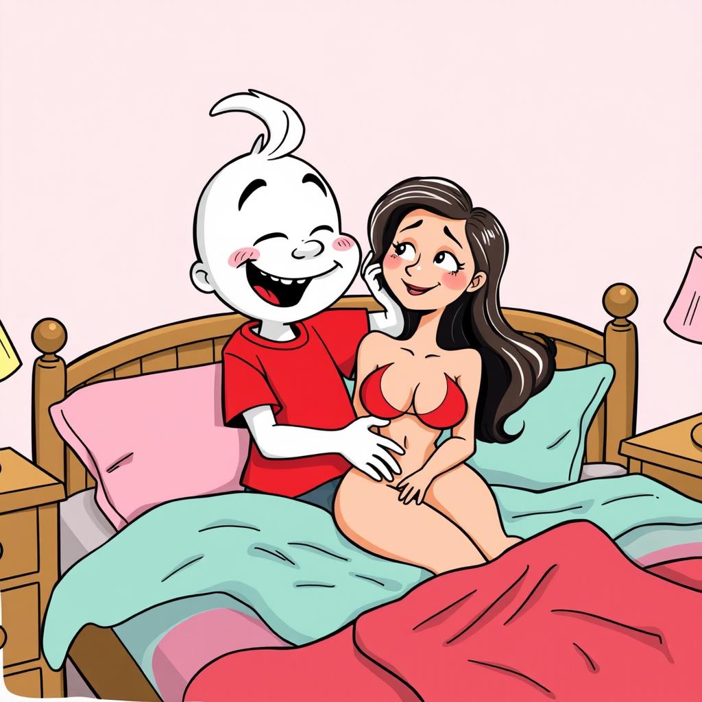 A whimsical white cartoon character wearing a vibrant red T-shirt is playfully engaging in foreplay with a sexy girl on a cozy bed