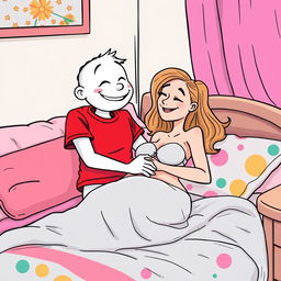 A whimsical white cartoon character wearing a vibrant red T-shirt is playfully engaging in foreplay with a sexy girl on a cozy bed