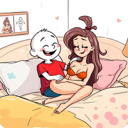 A whimsical white cartoon character wearing a vibrant red T-shirt is playfully engaging in foreplay with a sexy girl on a cozy bed