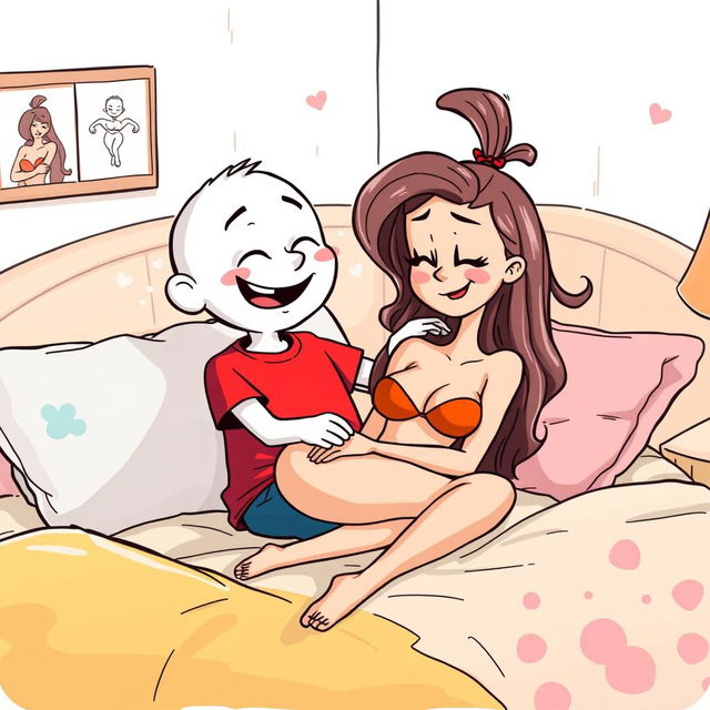 A whimsical white cartoon character wearing a vibrant red T-shirt is playfully engaging in foreplay with a sexy girl on a cozy bed