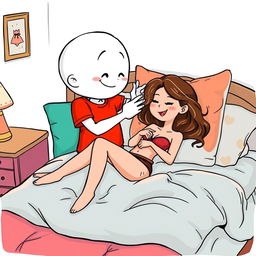 A whimsical white cartoon character wearing a vibrant red T-shirt is playfully engaging in foreplay with a sexy girl on a cozy bed