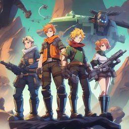 A high-quality digital art image depicting anime-style characters akin to Meliodas and his companions engrossed in playing the game Deep Rock Galactic