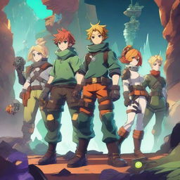 A high-quality digital art image depicting anime-style characters akin to Meliodas and his companions engrossed in playing the game Deep Rock Galactic