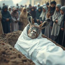 A solemn scene depicting a Muslim woman lying peacefully in a white shroud within a mud grave, surrounded by a group of onlookers witnessing the moment with a mix of reverence and curiosity