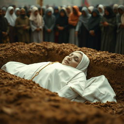 A solemn scene depicting a Muslim woman lying peacefully in a white shroud within a mud grave, surrounded by a group of onlookers witnessing the moment with a mix of reverence and curiosity
