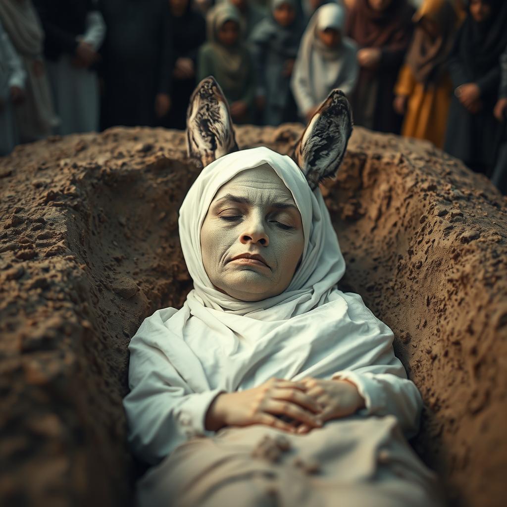 A solemn scene depicting a Muslim woman lying peacefully in a white shroud within a mud grave, surrounded by a group of onlookers witnessing the moment with a mix of reverence and curiosity