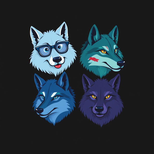 A caricature-style logo featuring four wolf heads, each in different shades of blue: one light blue (celeste), one navy blue (azul marino), one greenish blue (azul verdoso), and one violet blue (azul violeta)