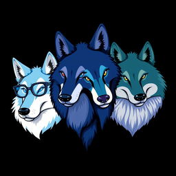 A caricature-style logo featuring four wolf heads, each in different shades of blue: one light blue (celeste), one navy blue (azul marino), one greenish blue (azul verdoso), and one violet blue (azul violeta)
