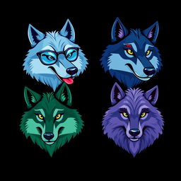 A caricature-style logo featuring four wolf heads, each in different shades of blue: one light blue (celeste), one navy blue (azul marino), one greenish blue (azul verdoso), and one violet blue (azul violeta)