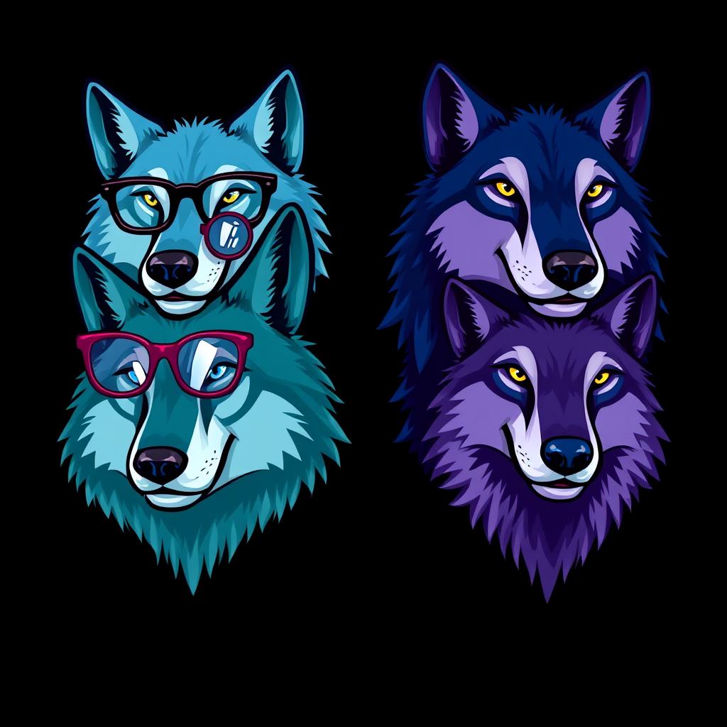 A caricature-style logo featuring four wolf heads, each in different shades of blue: one light blue (celeste), one navy blue (azul marino), one greenish blue (azul verdoso), and one violet blue (azul violeta)