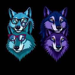 A caricature-style logo featuring four wolf heads, each in different shades of blue: one light blue (celeste), one navy blue (azul marino), one greenish blue (azul verdoso), and one violet blue (azul violeta)