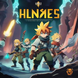 A high-quality digital art image depicts an anime-style Meliodas and his companions in the luminescent caves of Hoxxes IV from Deep Rock Galactic