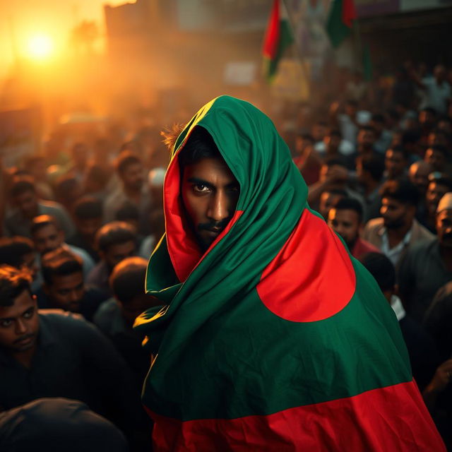 A man draped in the Bangladeshi flag, with only his face partially visible, expressing a sense of patriotism and resilience