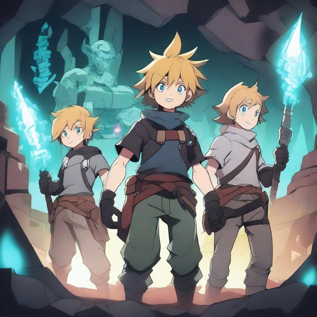 This is a high-quality digital art image featuring Meliodas and his friends, drawn in anime style, in the glowing mineral-filled caves of Hoxxes IV from Deep Rock Galactic