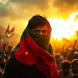 A man draped in the Bangladeshi flag, with only his face partially visible, expressing a sense of patriotism and resilience