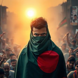 A man draped in the Bangladeshi flag, with only his face partially visible, expressing a sense of patriotism and resilience