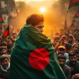 A man draped in the Bangladeshi flag, with only his face partially visible, expressing a sense of patriotism and resilience