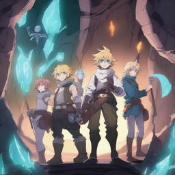 This is a high-quality digital art image featuring Meliodas and his friends, drawn in anime style, in the glowing mineral-filled caves of Hoxxes IV from Deep Rock Galactic