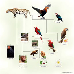 A detailed phylogenetic tree showcasing the evolutionary relationships among the following species: Jaguar (Panthera onca), Harpy Eagle (Harpia harpyja), Central American Tapir (Tapirus bairdii), Black Howler Monkey (Alouatta palliata), Hoffmann's Two-toed Sloth (Choloepus hoffmanni), Scarlet Macaw (Ara macao), Spiny Cedar (Pachira quinata), Mahogany (Swietenia macrophylla), Guayacan (Tabebuia guayacan), and Vanilla Orchid (Vanilla planifolia)