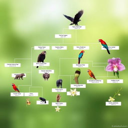 A detailed phylogenetic tree showcasing the evolutionary relationships among the following species: Jaguar (Panthera onca), Harpy Eagle (Harpia harpyja), Central American Tapir (Tapirus bairdii), Black Howler Monkey (Alouatta palliata), Hoffmann's Two-toed Sloth (Choloepus hoffmanni), Scarlet Macaw (Ara macao), Spiny Cedar (Pachira quinata), Mahogany (Swietenia macrophylla), Guayacan (Tabebuia guayacan), and Vanilla Orchid (Vanilla planifolia)