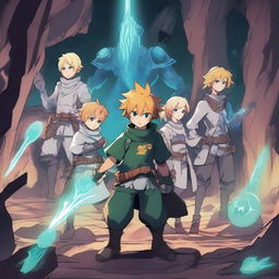 This is a high-quality digital art image featuring Meliodas and his friends, drawn in anime style, in the glowing mineral-filled caves of Hoxxes IV from Deep Rock Galactic