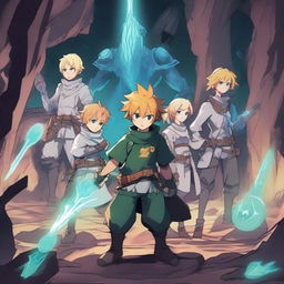 This is a high-quality digital art image featuring Meliodas and his friends, drawn in anime style, in the glowing mineral-filled caves of Hoxxes IV from Deep Rock Galactic